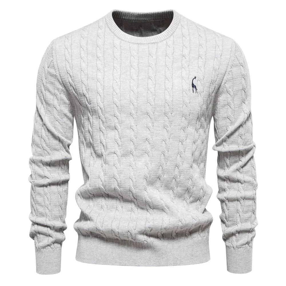 Men's light gray cable-knit crewneck sweater with long sleeves and small chest logo