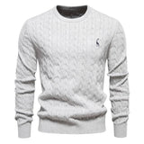 Men's light gray cable-knit crewneck sweater with long sleeves and small chest logo
