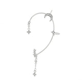 Silver lunar ear cuff with crescent moon, star accents, and dangling star chain