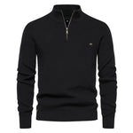 Men's black quarter-zip knit pullover with long sleeves, ribbed cuffs, and hem