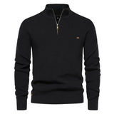 Men's black quarter-zip knit pullover with long sleeves, ribbed cuffs, and hem