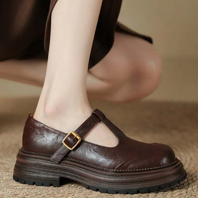 Brown T-bar loafers with gold buckle strap and low platform sole