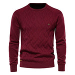Men's knit sweater in deep burgundy with diamond pattern and crew neck