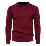 Men's knit sweater in deep burgundy with diamond pattern and crew neck