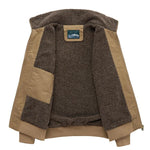 Camel military jacket with sherpa-lined interior panels and ribbed cuffs.