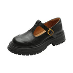Black leather Mary Jane shoe, T-strap with gold buckle and chunky sole