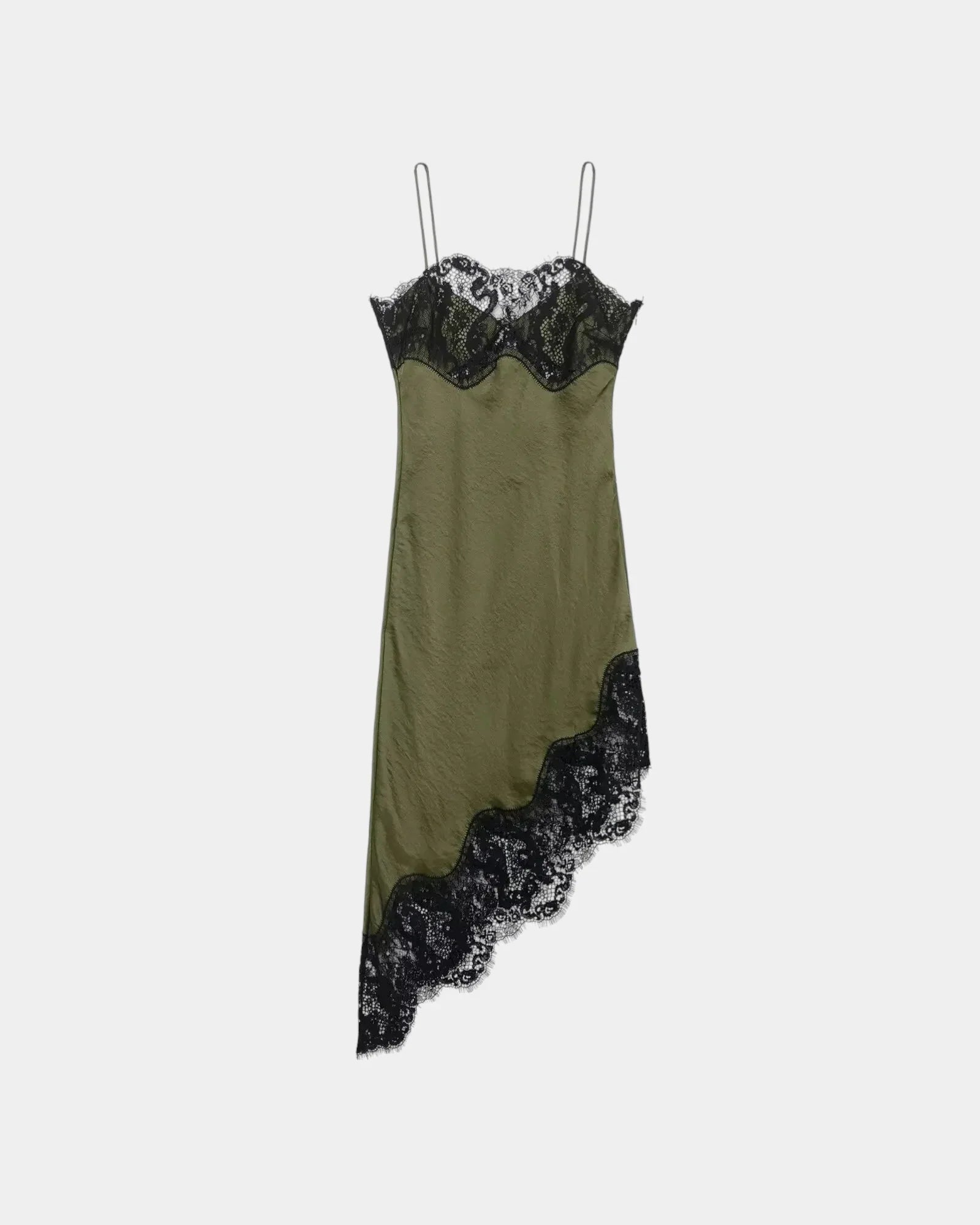 Olive satin slip dress with black lace trim on straps, neckline, and asymmetrical hem