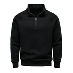 Men's black quarter-zip sweater with stand collar and ribbed cuffs and hem.