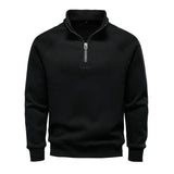 Men's black quarter-zip sweater with stand collar and ribbed cuffs and hem.