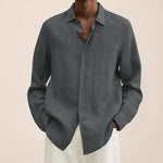 Gray linen-look long-sleeve button-up shirt with pointed collar.