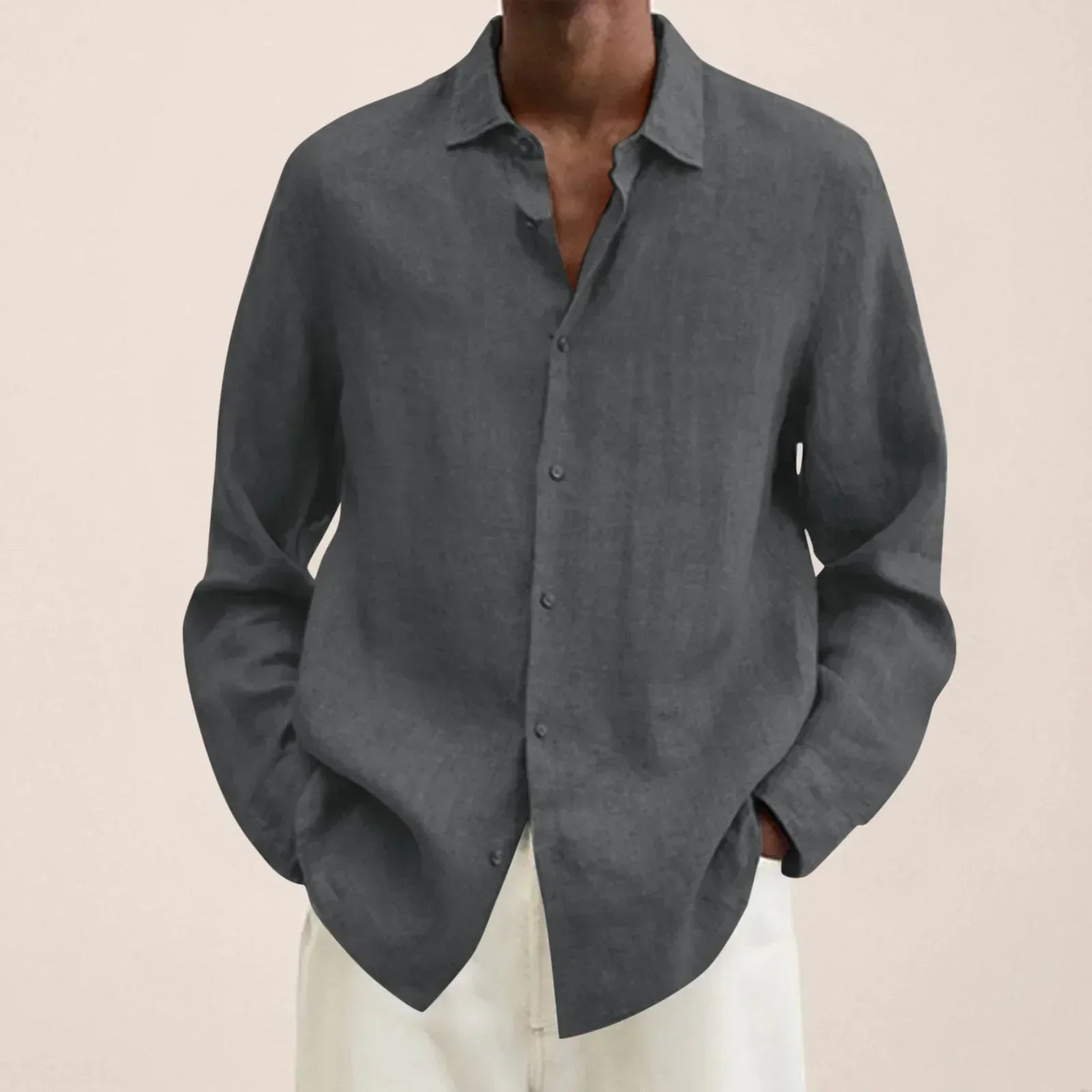 Gray linen-look long-sleeve button-up shirt with pointed collar.
