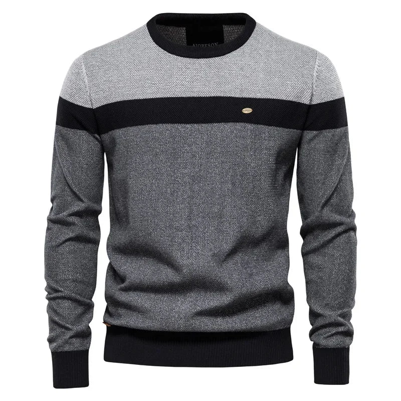 Men's crewneck sweater with heather gray and black color blocks
