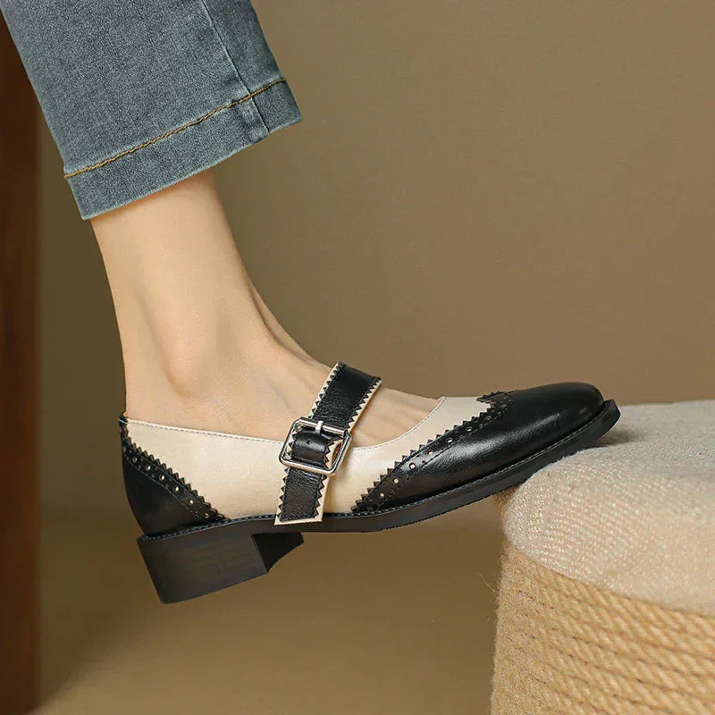 Two-tone leather Mary Jane flats with buckle strap and low block heel