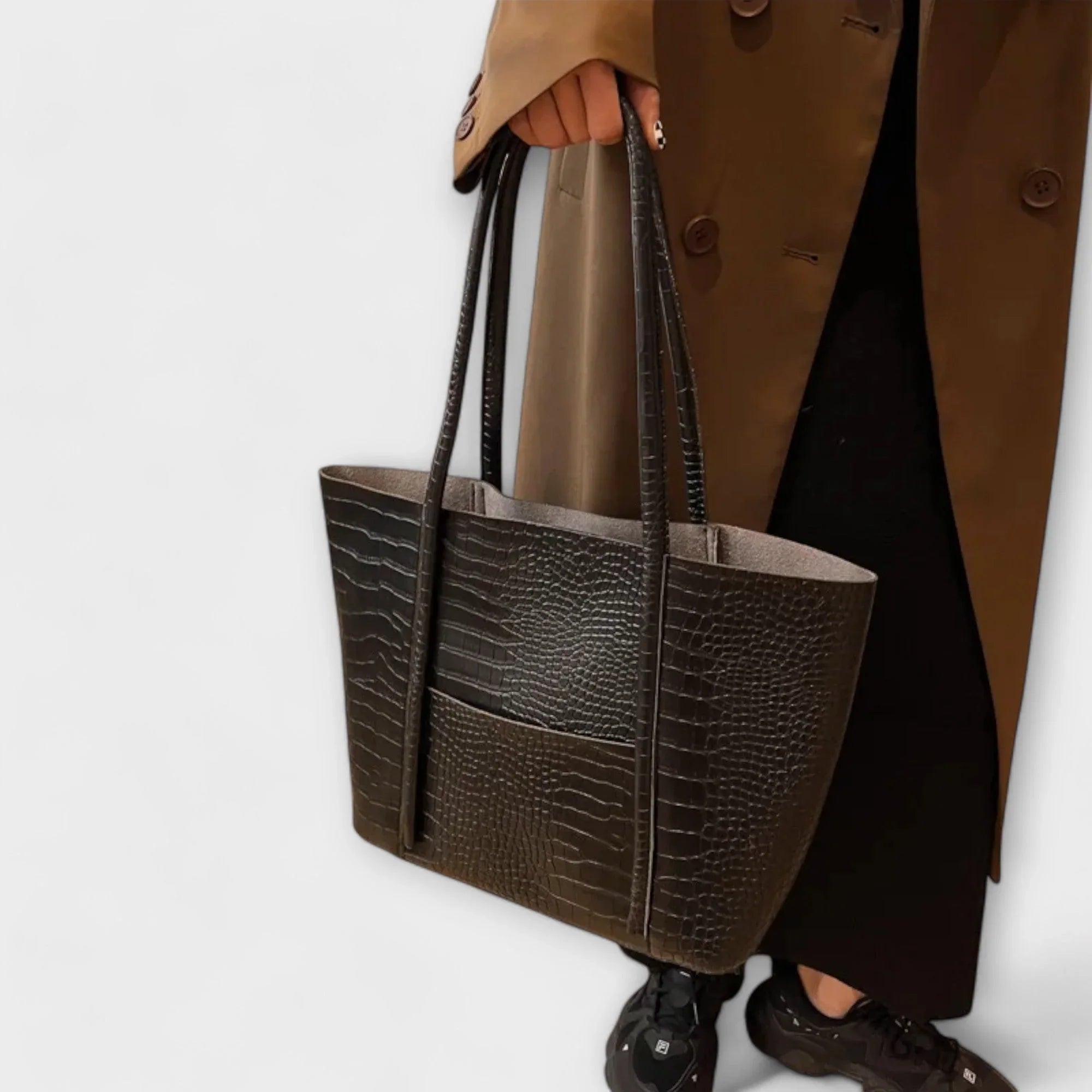 Dark brown croc-embossed leather tote bag with tall handles and open top
