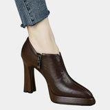 Brown heeled ankle boots, pointed toe, side zipper