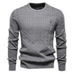 Men's dark gray cable-knit crewneck sweater with long sleeves and small chest logo