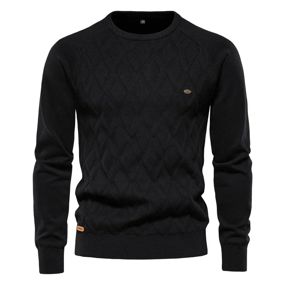 Men's knit sweater in black with diamond pattern and crew neck