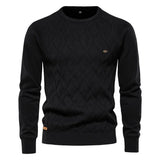 Men's knit sweater in black with diamond pattern and crew neck