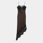 Brown satin slip dress with black lace neckline and scalloped lace hem, spaghetti straps