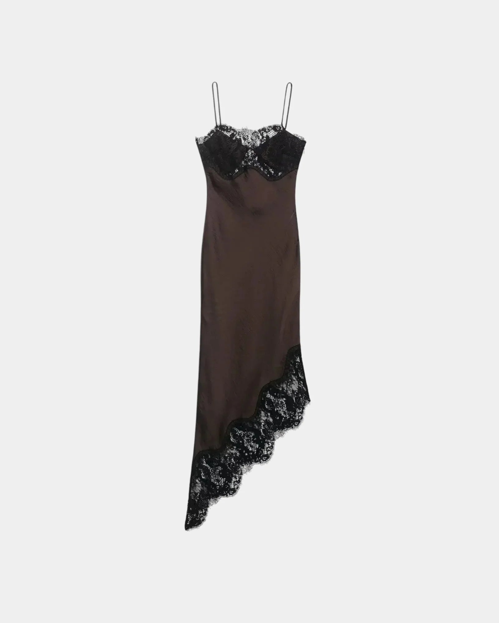 Brown satin slip dress with black lace neckline and scalloped lace hem, spaghetti straps