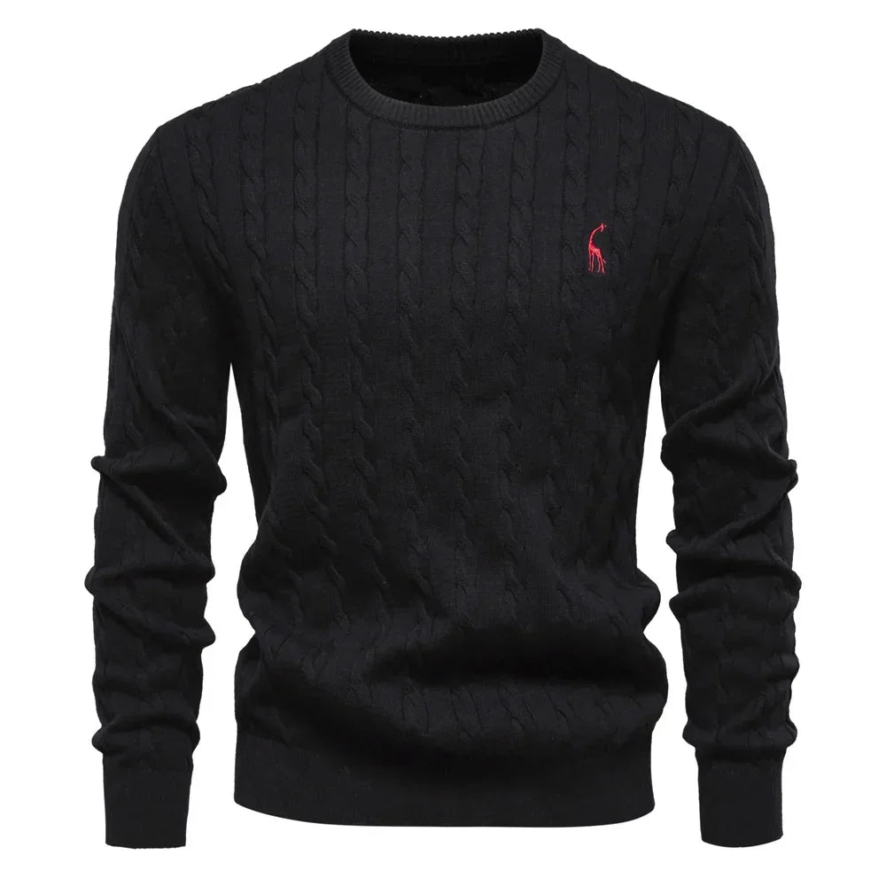 Men's black cable-knit crewneck sweater with long sleeves and small chest logo