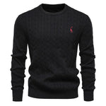Men's black cable-knit crewneck sweater with long sleeves and small chest logo