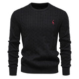 Men's black cable-knit crewneck sweater with long sleeves and small chest logo