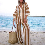 Crocheted kimono and pants set in caramel and white striped, relaxed fit