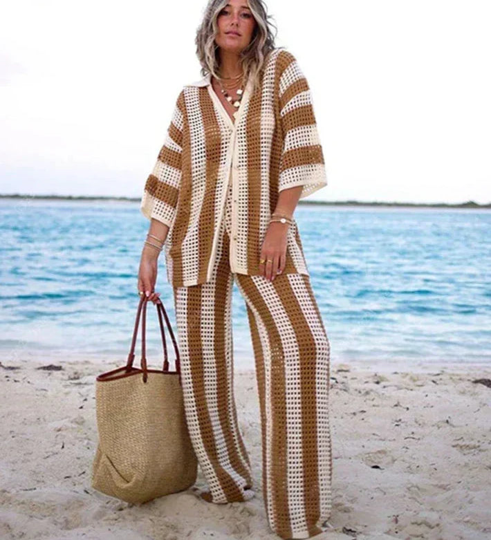 Crocheted kimono and pants set in caramel and white striped, relaxed fit