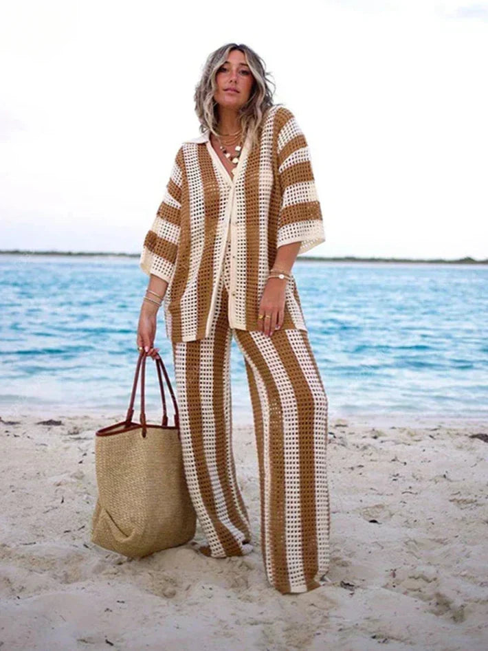 Crocheted kimono and pants set in caramel and white striped, relaxed fit
