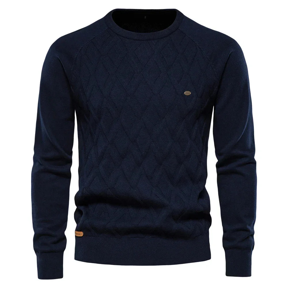 Men's knit sweater in navy blue with diamond pattern and crew neck