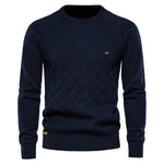 Men's knit sweater in navy blue with diamond pattern and crew neck
