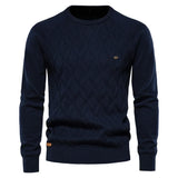 Men's knit sweater in navy blue with diamond pattern and crew neck