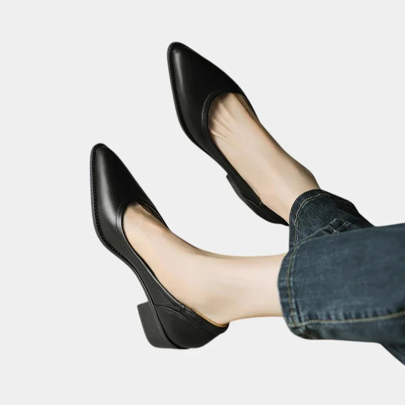 Black medium-heel slip-on shoes with almond toe and short block heel