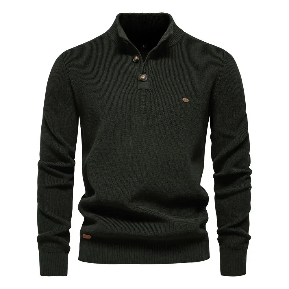 Men's knit sweater in dark green with henley-style button placket and long sleeves