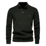 Men's knit sweater in dark green with henley-style button placket and long sleeves