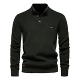 Men's knit sweater in dark green with henley-style button placket and long sleeves