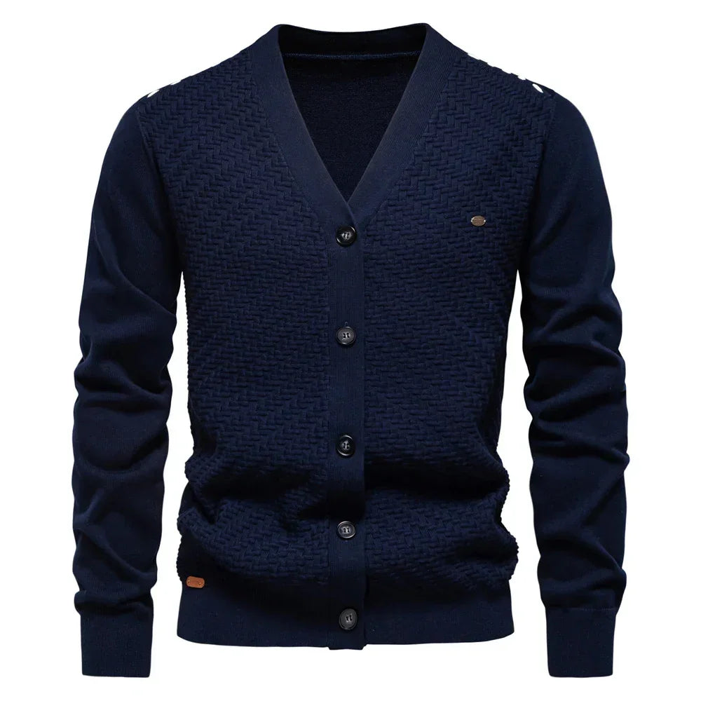 Men's knitted vest in navy with V-neck and dark button-front closure