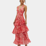 Red floral tiered maxi dress with V-neck and ruffled skirt