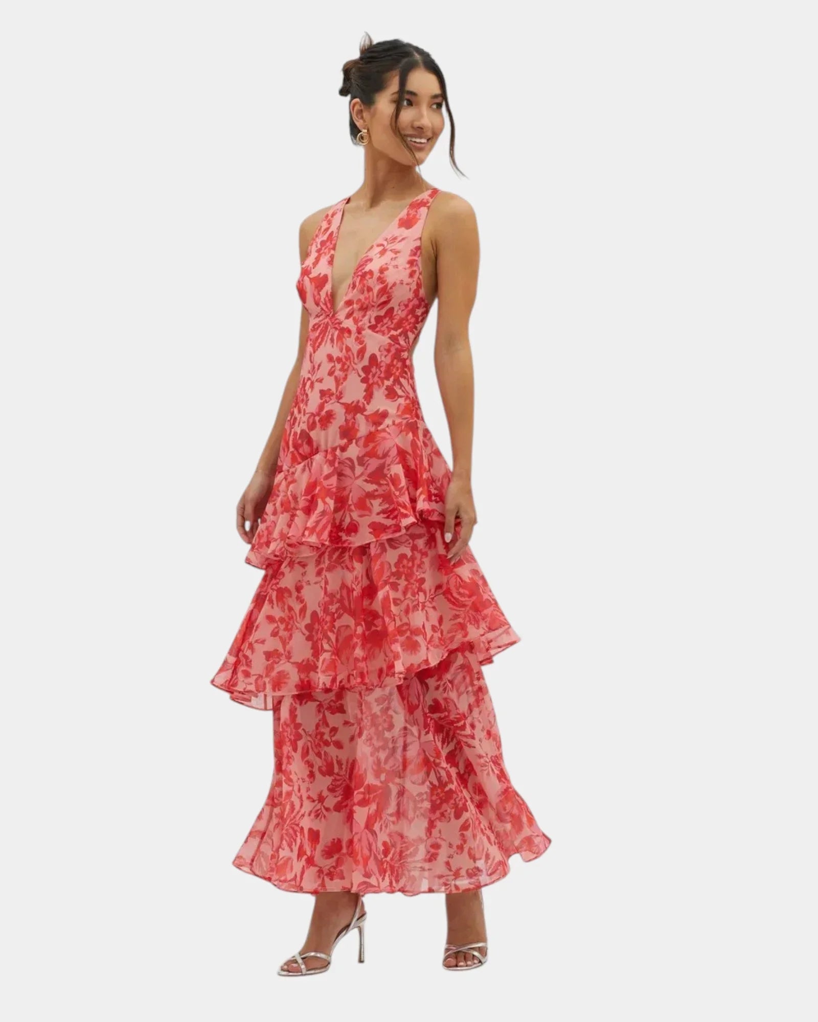 Red floral tiered maxi dress with V-neck and ruffled skirt
