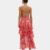 Red floral tiered maxi dress, crisscross open back and thin straps