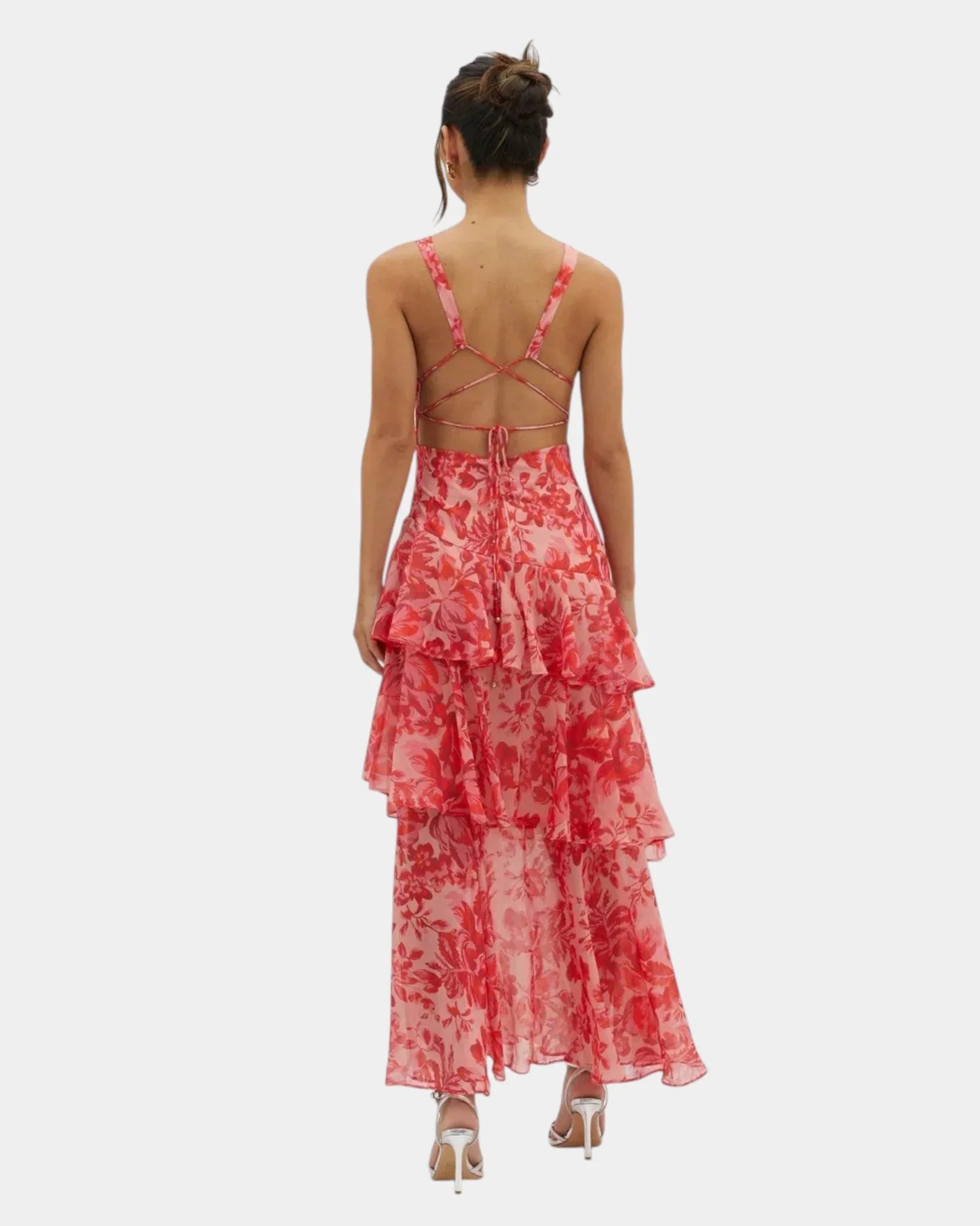 Red floral tiered maxi dress, crisscross open back and thin straps