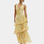 Yellow floral tiered maxi dress with V-neck and ruffled layers
