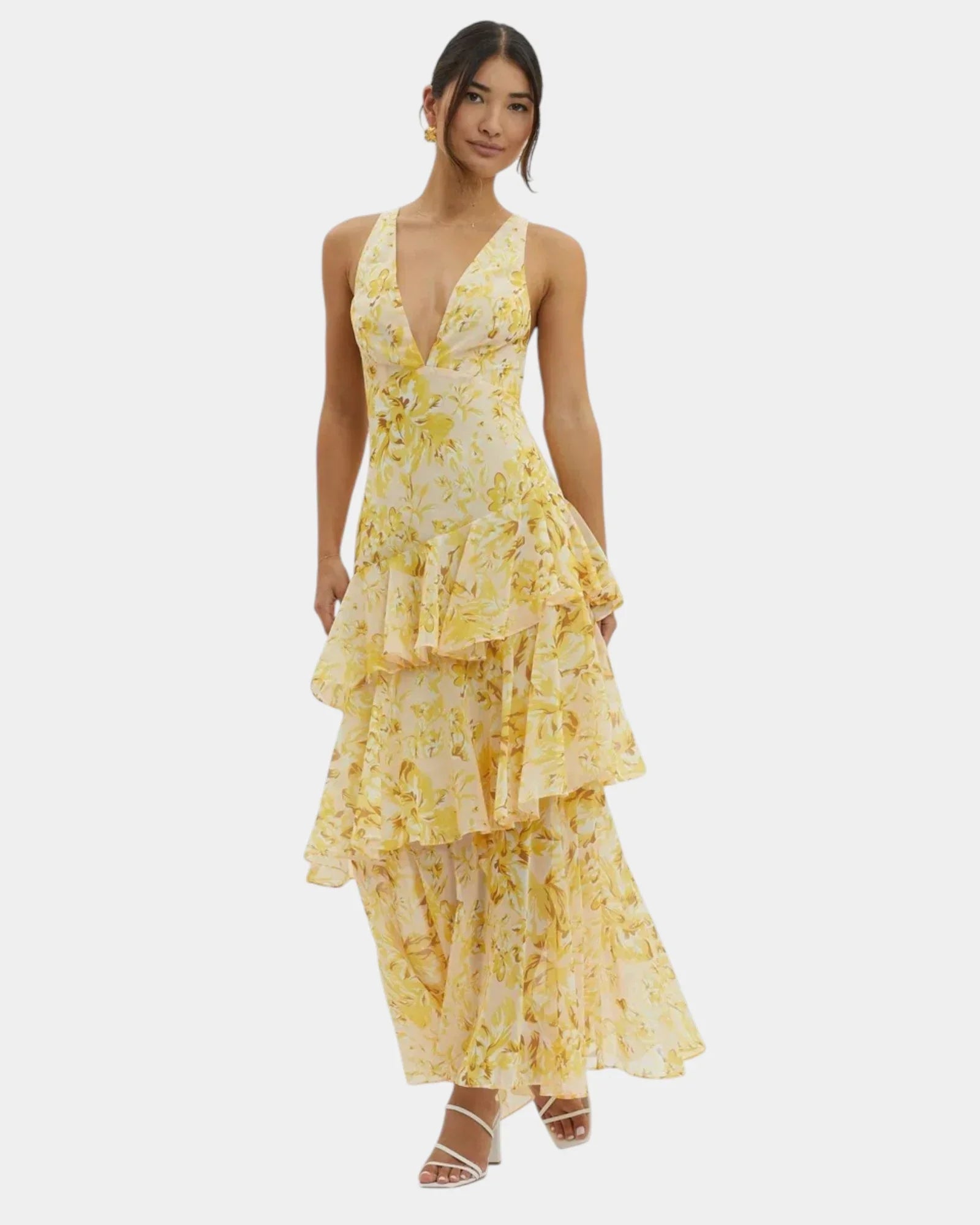 Yellow floral tiered maxi dress with V-neck and ruffled layers