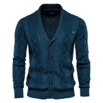 Men's knit cardigan with buttons, teal-blue color, diamond pattern and ribbed cuffs