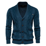 Men's knit cardigan with buttons, teal-blue color, diamond pattern and ribbed cuffs