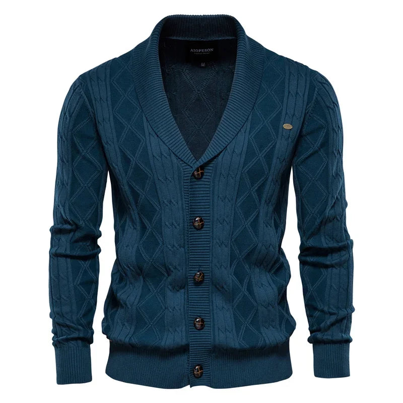 Men's knit cardigan with buttons, teal-blue color, diamond pattern and ribbed cuffs