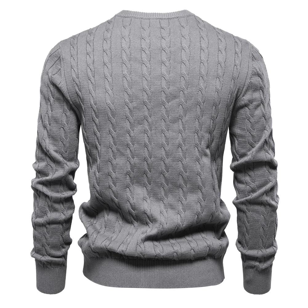 Men's gray cable-knit sweater with ribbed cuffs and crew neckline