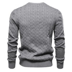 Men's gray cable-knit sweater with ribbed cuffs and crew neckline