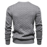 Men's gray cable-knit sweater with ribbed cuffs and crew neckline
